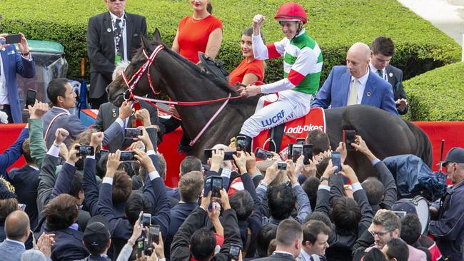 Damian Lane returns to scale on Cox Plate winner Lys Gracieux. Picture: Getty Images