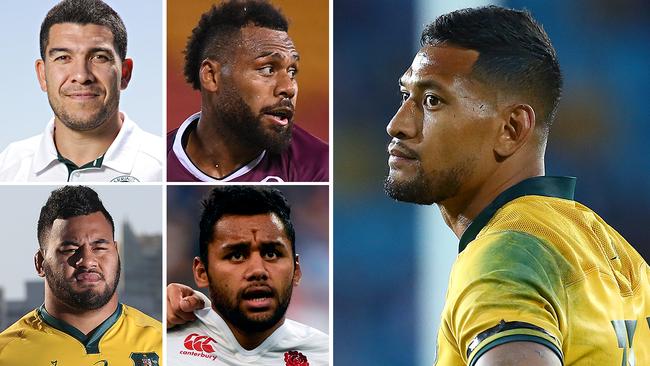Israel Folau (right) has received support from the likes of (clockwise, from top left) Mark Gerrard, Samu Kerevi, Billy Vunipola and Taniela Tupou.