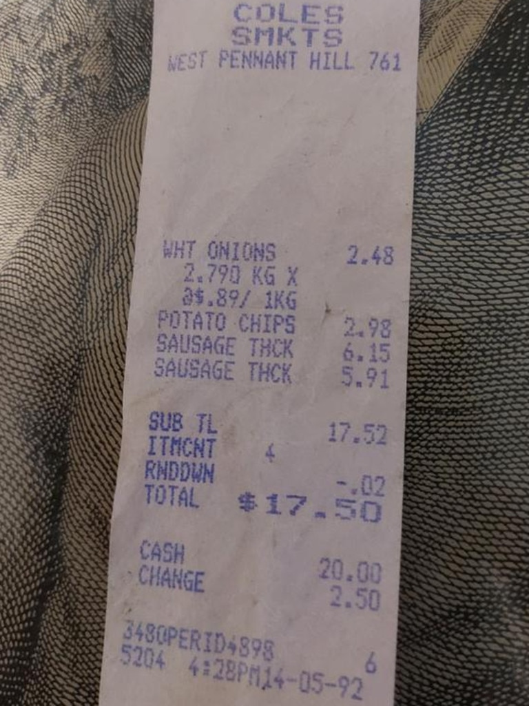 A Coles receipt from 1992 showed just how much more expensive food is today. Picture: Facebook.