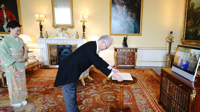 The Queen speaks to Japan’s Ambassador to the UK during a virtual meeting at Buckingham Palace on Tuesday. Picture: AFP