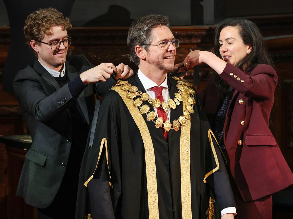 Reece was presented with the mayoral robes and $1m gold chains at Town Hall on Tuesday. Picture: David Caird