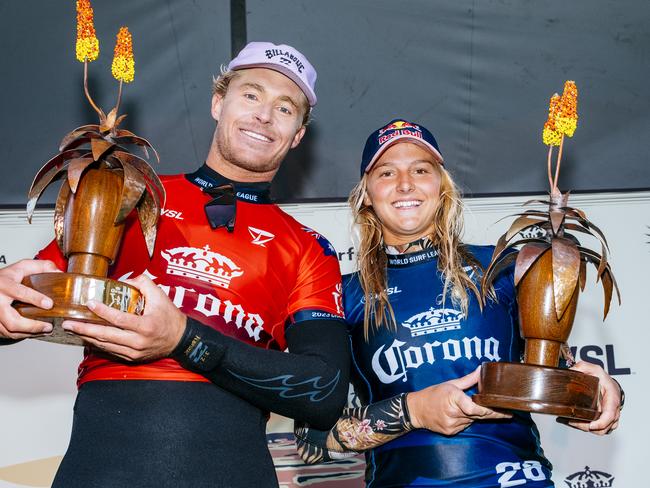 JEFFREYS BAY, EASTERN CAPE, SOUTH AFRICA - JULY 19: Runner Ups Ethan Ewing of Australia and Molly Picklum of Australia at the Corona Open J-Bay on July 19, 2023 at Jeffreys Bay, Eastern Cape, South Africa. (Photo by Beatriz Ryder/World Surf League)