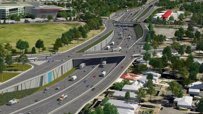 An artist impression of the Darlington Upgrade Project, looking south towards the Southern Expressway. The first bridge is Sturt Road.