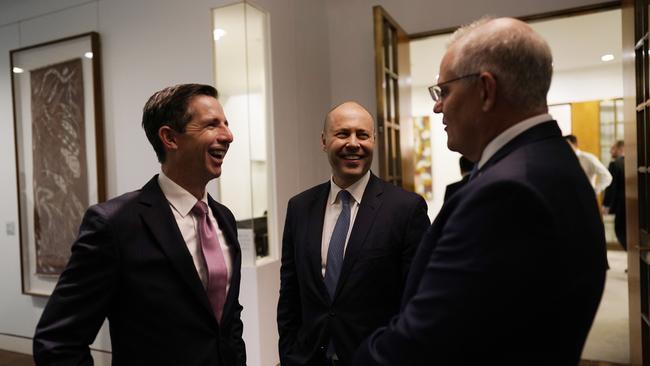 Prime Minister Scott Morrison, Treasurer Josh Frydenberg sand Finance Minister Simon Birmingham. Picture: Adam Taylor