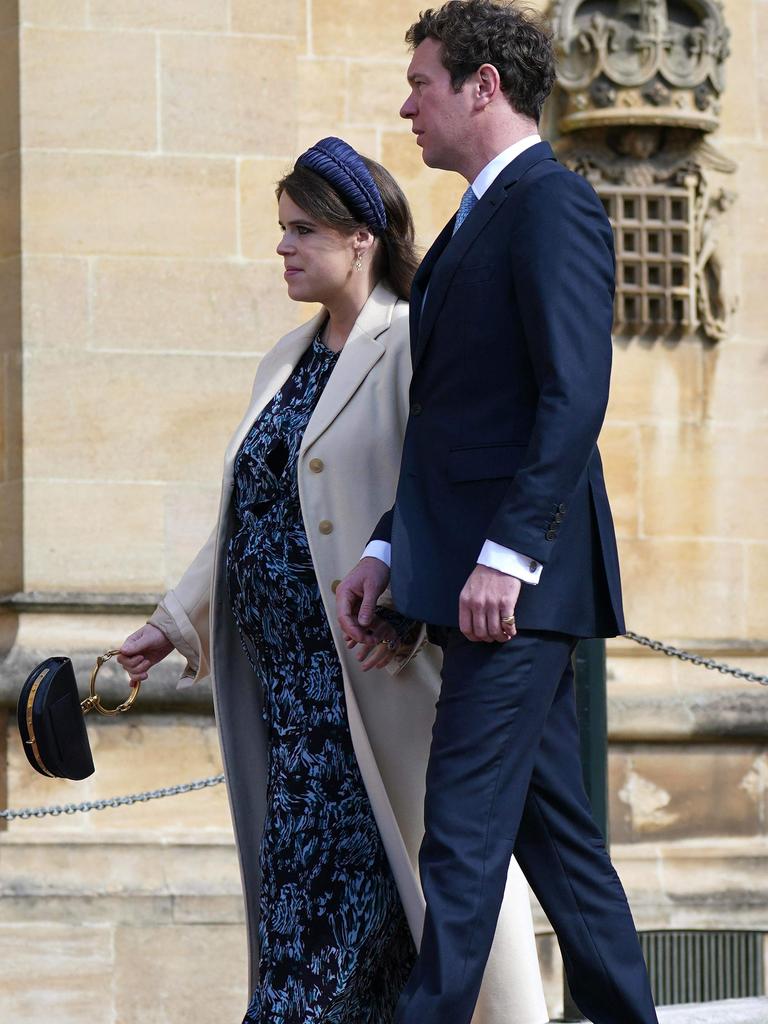 A heavily pregnant Princess Eugenie at the Easter Mattins Service at St George's Chapel, Windsor Castle on April 9, 2023. Picture: Yui Mok / POOL / AFP