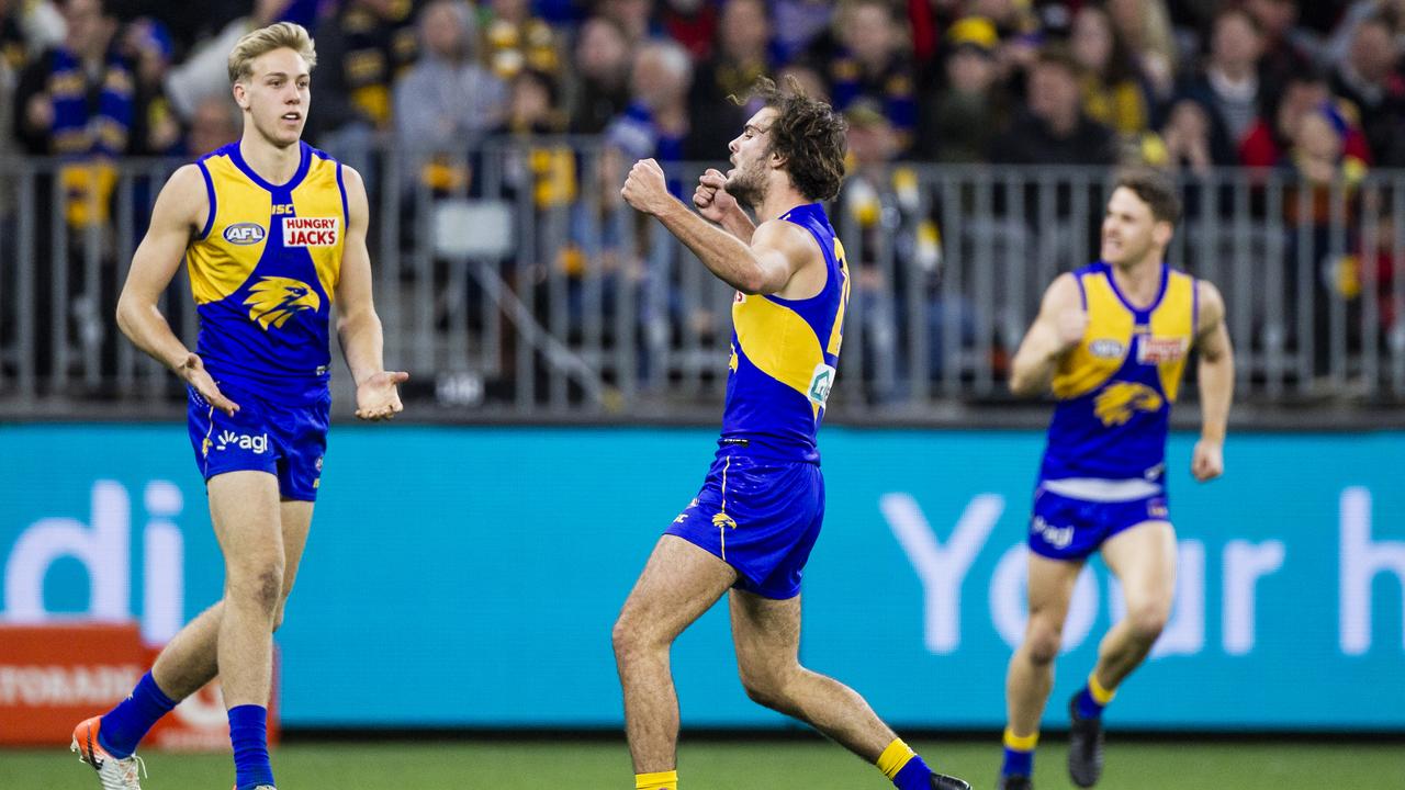 Jack Petruccelle celebrates a goal at Optus Stadium.