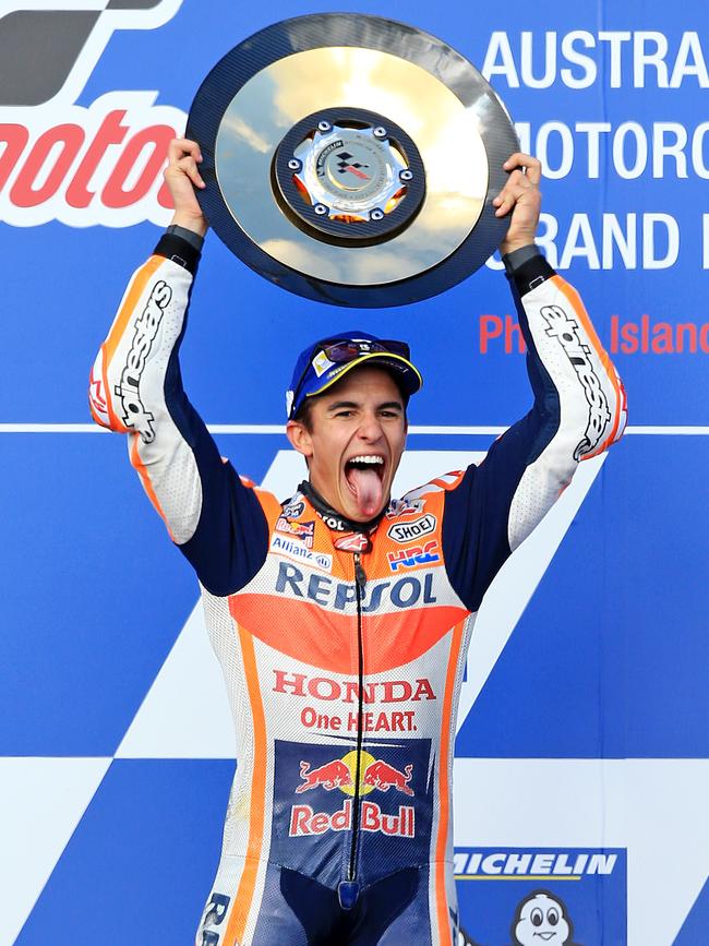 Marc Marquez celebrates his 2017 Australian MotoGP win. Picture: Mark Stewart