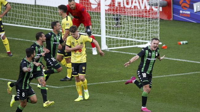 Western United's Besart Berisha celebrates after scoring against Wellington Phoenix at Westpac Stadium. Picture: Getty Images