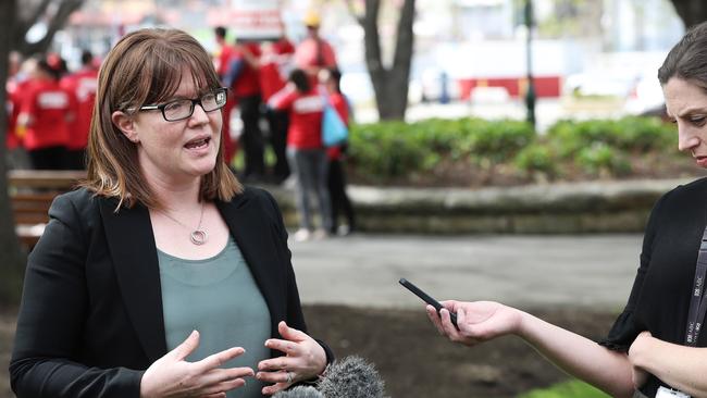 Labor Health spokeswoman Sarah Lovell speaking to reporters about mental health patients having to sleep on the floor of the Royal Hobart Hospital. Picture: LUKE BOWDEN