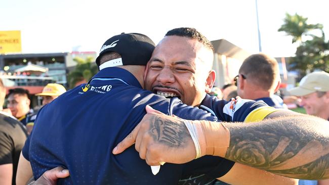 BRISBANE, AUSTRALIA - OCTOBER 10: Jerome Veve of the Devils celebrates victory after the 2021 QRL Intrust Super Cup Grand Final match between the Norths Devils and the Wynnum-Manly Seagulls at Moreton Daily Stadium on October 10, 2021, in Brisbane, Australia. (Photo by Bradley Kanaris/Getty Images)