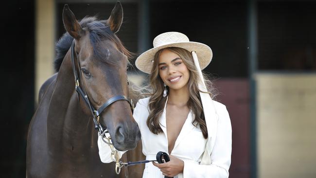 Victoria Derby hopeful Shadow Hero and Perth model Sarsha Chisholm. Picture: David Caird