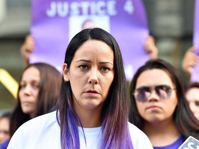 Cindy Palmer speaks outside Brisbane’s Supreme Court. Picture: Darren England