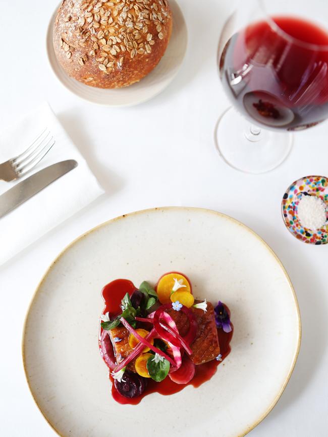 Burrawong duck, beetroot, rhubarb, sweet potato. Picture: Rebecca Michael