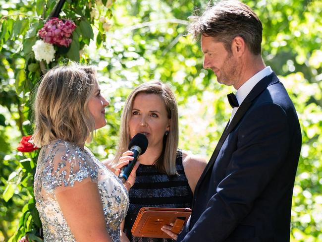 Adelaide's most popular wedding celebrant Ali Phillips, of Married by Ali, presiding over the marriage of Kimberley and Taylor Fry. Picture: Love Fool Photography