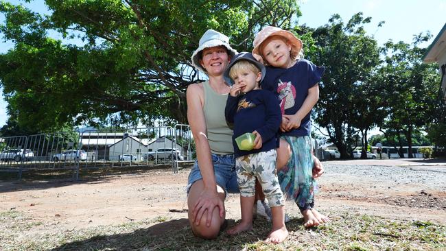 Renae Lofthouse took her children Lucas Styles, 2, and Sienna Styles, 5, to play in the park and said it was disappointing to see a large mature tree cut down. Picture: Brendan Radke