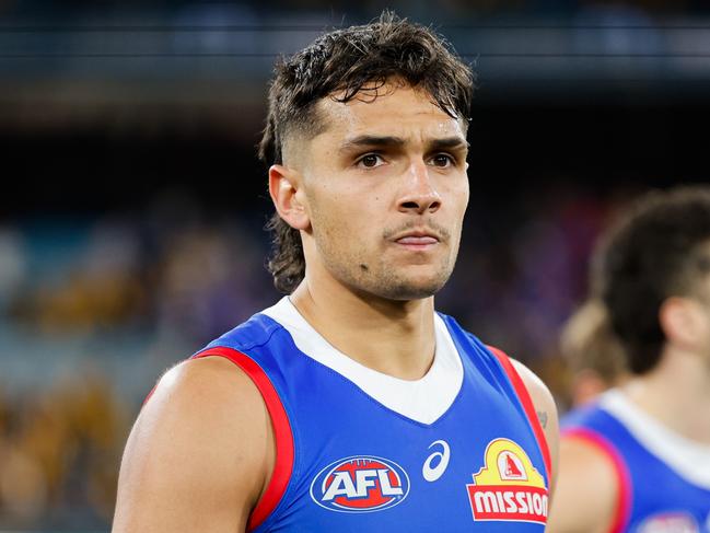 MELBOURNE, AUSTRALIA - SEPTEMBER 06: Jamarra Ugle-Hagan of the Bulldogs looks dejected after a loss during the 2024 AFL Second Elimination Final match between the Western Bulldogs and the Hawthorn Hawks at The Melbourne Cricket Ground on September 06, 2024 in Melbourne, Australia. (Photo by Dylan Burns/AFL Photos via Getty Images)