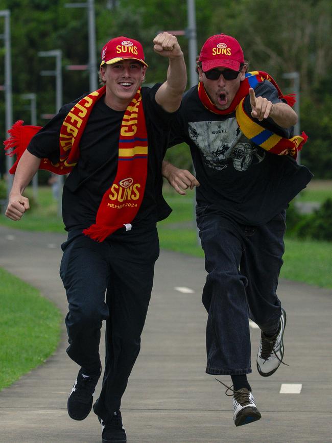 All the way from WA and running late are Suns fans Genjii Annert and Nash Margaria before the Suns V Freo at People First Stadium Cararra. Picture: Glenn Campbell