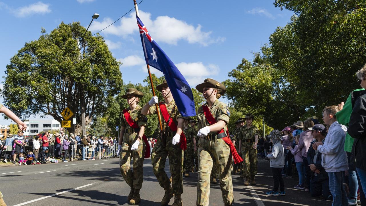 March to the Mothers' Memorial for the mid-morning Toowoomba Anzac Day service, Tuesday, April 25, 2023. Picture: Kevin Farmer