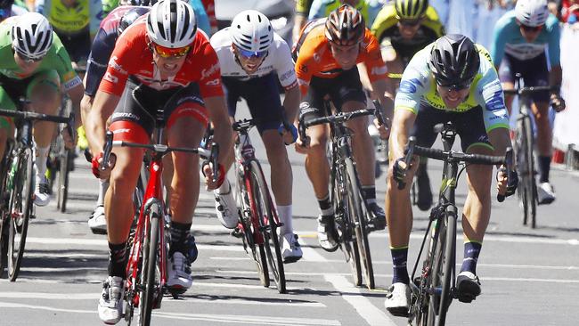 Steele von Hoff, right, lunges for the line against Mads Pedersen during the Herald Sun Tour in January where he won the sprint jersey. Picture: Michael Klein