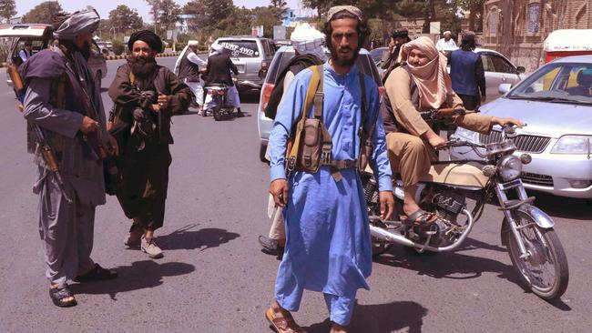 Taliban fighters patrol the streets in Herat on August 14. Picture: AFP