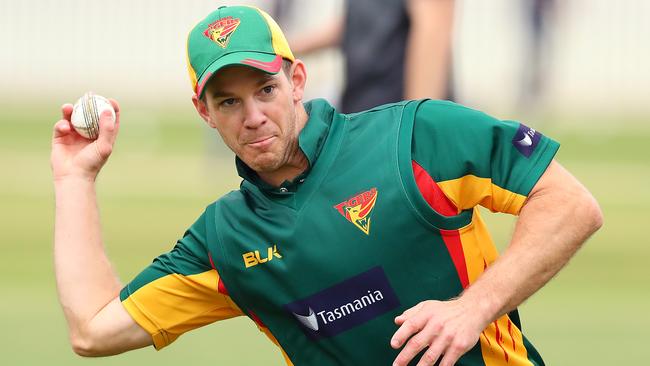 Tim Paine of Tasmania warms up during the Marsh One Day Cup match between Victoria and Tasmania at CitiPower Centre on March 10, 2021 in Melbourne, Australia. (Photo by Kelly Defina/Getty Images)