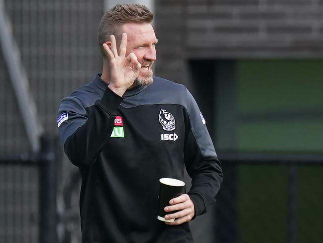 Magpies head coach Nathan Buckley watches his troops at training this week.