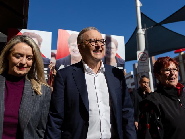 NCA 2025 FEDERAL ELECTION BUS. 2/05/2025 Australian Labor Prime Minister Anthony Albanese In Devonport, Tasmania in the electorate of Braddon. joined by Labor candidate for Braddon, Anne Urquhart walking through a local shopping mall Rook Street Mall as well as partner Jodie Haydon and Richard Marles Deputy Prime Minister.Picture: Jason Edwards / NewsWire