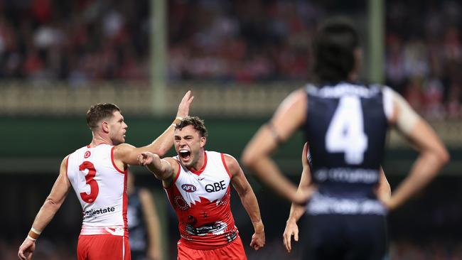 SYDNEY, AUSTRALIA – MAY 17: Will Hayward of the Swans celebrates kicking a goal during the round 10 AFL match between Sydney Swans and Carlton Blues at SCG, on May 17, 2024, in Sydney, Australia. (Photo by Cameron Spencer/Getty Images)