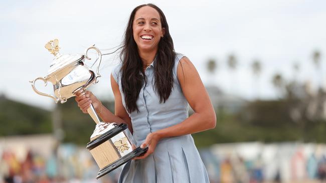 Madison Keys with ‘Daphne’ – the Daphne Akhurst Memorial Cup – at Brighton Life Saving Club on January 26. Picture: Kelly Defina/Getty Images