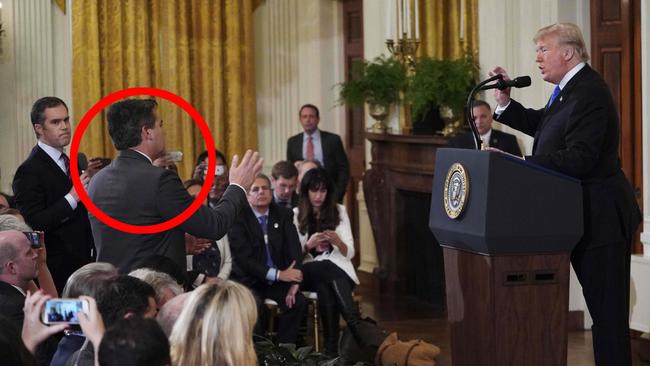 Trump points to journalist Jim Acosta as Acosta tries to ask a question. Picture: Mandel Ngan/AFP