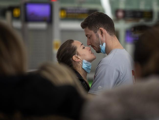 A couple kiss in Barcelona, Spain, which has recorded a sharp spike in cases. Picture: AP Photo/Emilio Morenatti.