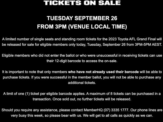 The Brisbane Lions sent members an email advising of extra available tickets on Tuesday, September 26