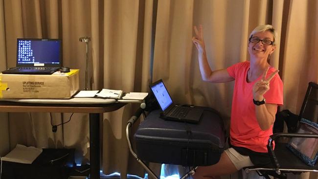 Jenny Kaufman used a suitcase as a desk in their quarantine hotel. Picture: Jenny Kauman via The Wall Street Journal