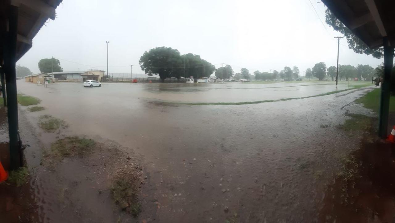 Flash flooding at Kingaroy this afternoon after reports of 150mm of rain in just an hour. Picture: Higgins Storm Chasing