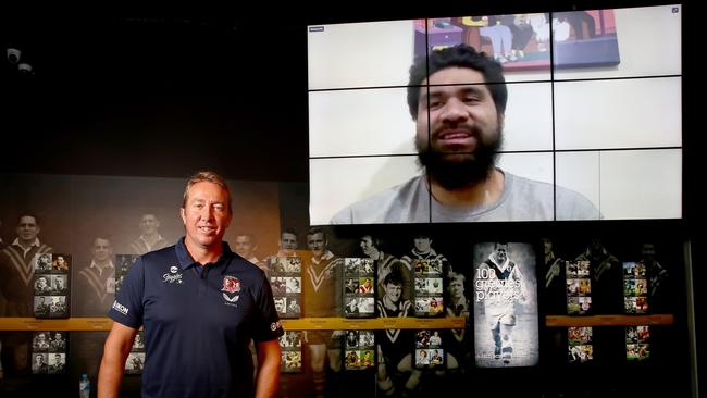 Sydney Roosters coach Trent Robinson helping launch the 'We Stand with Mose' donor appeal. Picture: Toby Zerna