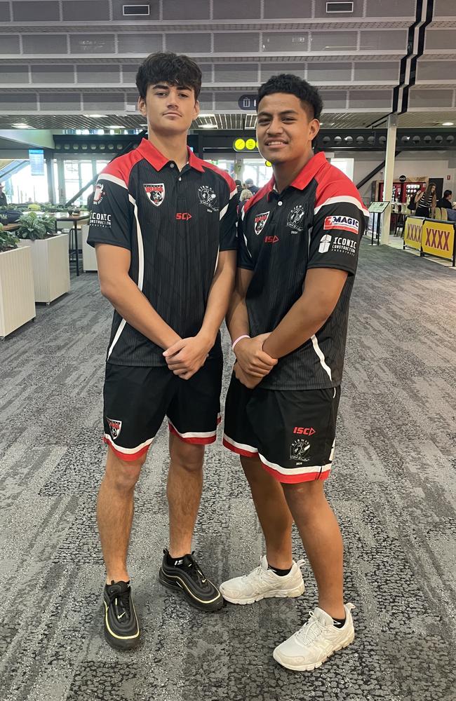 New Zealand-born Kirwan Bears Kees Anderson and Anthony Vaigafa at Townsville Airport on June 13, 2024, ahead of the school's tour of New Zealand. Picture: Nic Darveniza