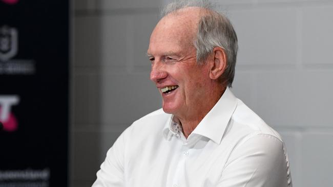 Wayne Bennett laughs during a press conference ahead of his 13th grand final appearance. Picture: Getty Images