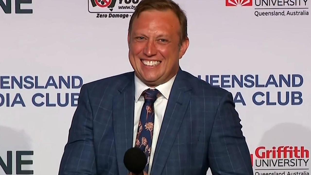 Queensland Premier Steven Miles laughs off a question about youth crime at the Queensland Media Club. Picture: Sky News Australia