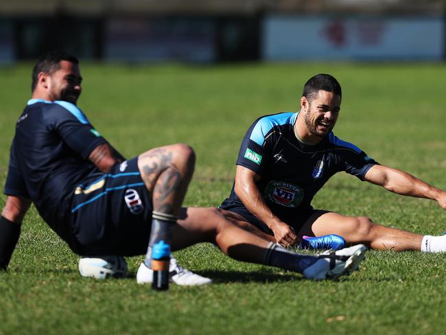 NSW's Andrew Fifita and Jarryd Hayne during NSW State of Origin training at Cudgen Leagues Club, Kingscliff. Picture: Brett Costello