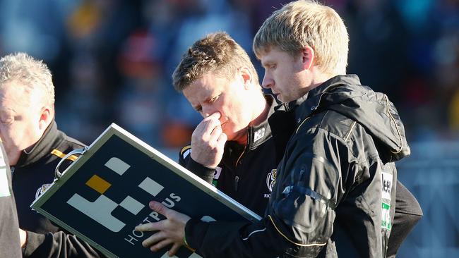Richmond coach Damien Hardwick watched his side lose to the GWS Giants by 88 points.