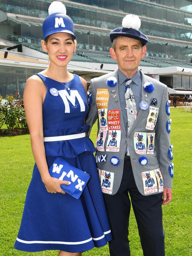 Winx supporters Lloyd Menz and his daughter, Angela Menz, show their support on Turnbull Stakes Day at Flemington Racecourse. Picture: Getty Images