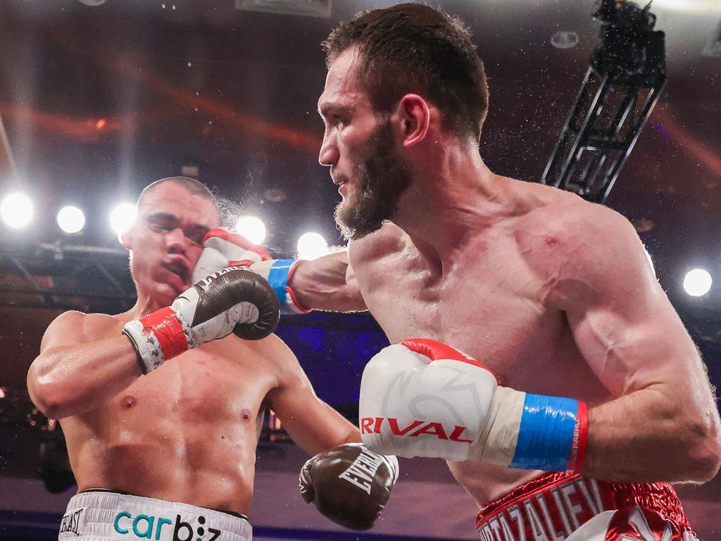 ORLANDO, FLORIDA - OCTOBER 19: Bakhram Murtazaliev punches Tim Tszyu at Caribe Royale Orlando on October 19, 2024 in Orlando, Florida. Alex Menendez/Getty Images/AFP (Photo by Alex Menendez / GETTY IMAGES NORTH AMERICA / Getty Images via AFP)