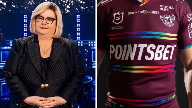 Magda Szubanski and Manly's Pride jumper.