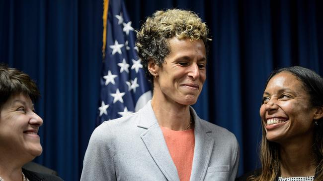 Bill Cosby victim Andrea Constand, centre, at a post-sentencing media conference yesterday.