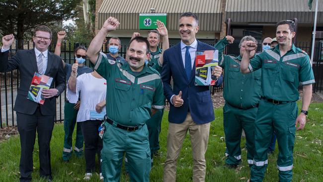 Paramedic Sam Phillips and now-Premier Peter Malinauskas at an announcement of a new ambulance station for Mount Barker. Picture: Mark Brake