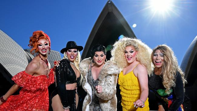 (Left to right) Josie Baker, Charisma Belle, Carmen Geddit, Decoda Secret and Jacqui St Hyde at the Sydney Gay and Lesbian Mardi Gras WorldPride Bid Launch at the Sydney Opera House in June, 2019. (AAP Image/Joel Carrett)