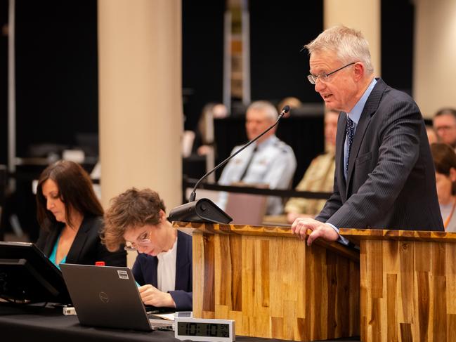 Senior Counsel Assisting Kevin Connor SC delivering his opening address as the Royal Commission into Defence and Veteran Suicide hearing opened in Hobart.