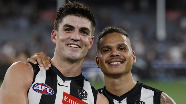 NCA. MELBOURNE, AUSTRALIA. 15th March, 2025 .  AFL  Round 1.  Collingwood vs Port Adelaide at the MCG .  Brayden Maynard and Bobby Hill of the Magpies    . Picture: Michael Klein