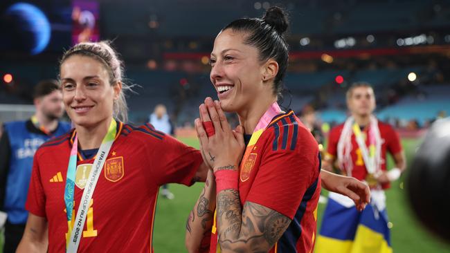 Jennifer Hermoso (right) celebrates after her team's victory. (Photo by Catherine Ivill/Getty Images)