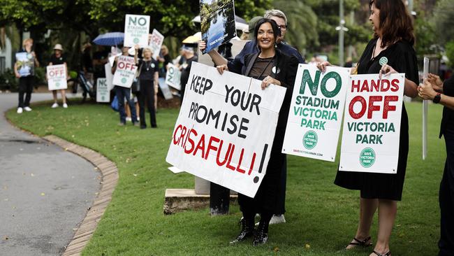 Victoria Park protesters at the Howard Smith Wharves for the announcement of the Brisbane Olympics 2032 venues. Picture: Josh Woning